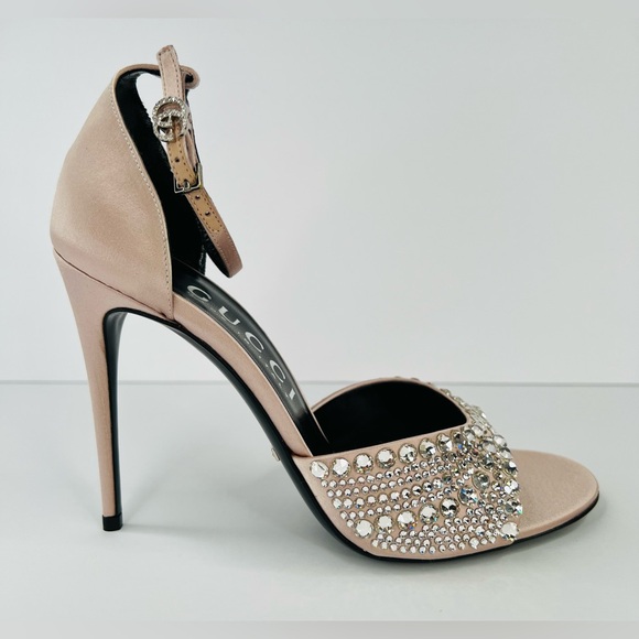 Gucci Crystal Embellished Skin Rose Satin Heel Ankle Strap Bridal Sandals EU 40 - Picture 3 of 10